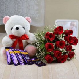 10 Red Roses and 5 Chocolates and 6 inch teddy